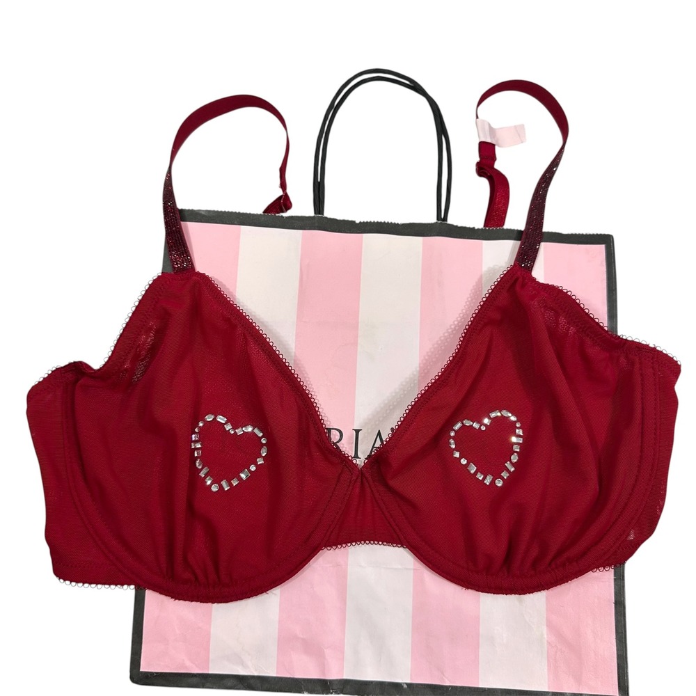 NWT Victoria's Secret Very Sexy Red Mesh Rhinestone Heart Unlined Demi Bra 36D